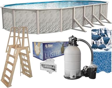 Lake Effect Pools 'Meadows Reprieve' 15 ft x 24 ft Oval Above Ground Swimming Pool Bundle | 52 Inch Steel Sided Walls | Kit Includes: 25 Gauge Liner, A-Frame Ladder, Sand Filter/Pump, & Skimmer