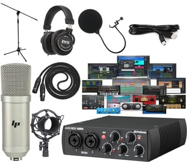 PreSonus AudioBox 96 25th Anniversary USB Audio MIDI Interface Recording Bundle with Studio One Artist DAW Cardioid Condenser Microphone Shockmount Pop Filter XLR Cable Mic Stand and Headphones