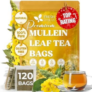FreshDrinkUS, Premium 120 Mullein Leaf Tea Bags For Lung, 100% Natural & Pure from Mullein Leaves. Loose Leaf Mullein Herbal Tea. Made with Natural Material Tea Bags. No Sugar, No Caffeine, No Gluten, Vegan.