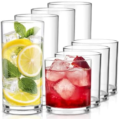 Plastic Drinking Glasses Set of 8, 14oz Rocks & 20oz Water Cups, Unbreakable Plastic Glasses Drinkware, Clear Kitchen Tumblers for Home & Outdoors, Reusable , BPA-Free, Top-Rack Dishwasher Safe