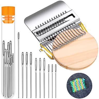 Luinabio Darning Small Loom Speedweve Style Machine Wood Knitting Looms Type Weave Tool 14 Hooks and 9 Yarn Knitting Needles Hand DIY Craft Weaving Repair Tool for Jeans(Round,Classic Color)