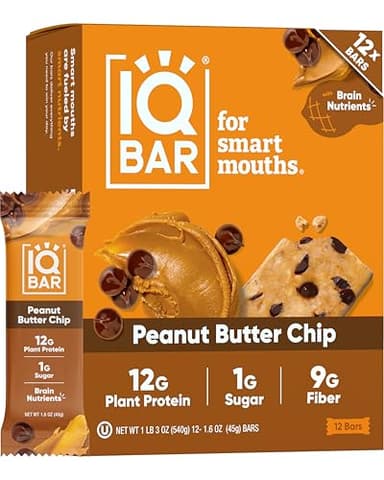 IQBAR Clean Plant Protein Bars - Peanut Butter Chip - 12 Count - Keto, Vegan, High Fiber, Gluten and Dairy Free, Low Sugar Snack - Brain and Body Nutrients for Focus, Energy, Meal Replacement