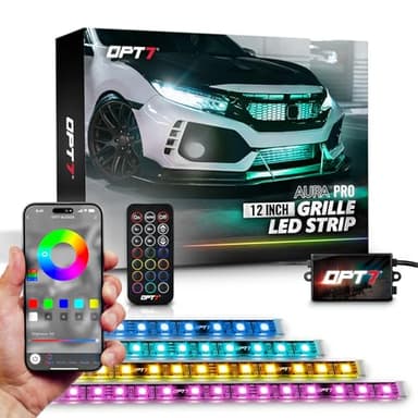OPT7 Aura Pro RGB LED Grille Lights with App & Remote Control, 4pcs 12" Light Strips, Waterproof Front Grill Valence, Music Sync, Multi-Color Exterior Lighting Kit, Universal for Cars Trucks Vans SUV