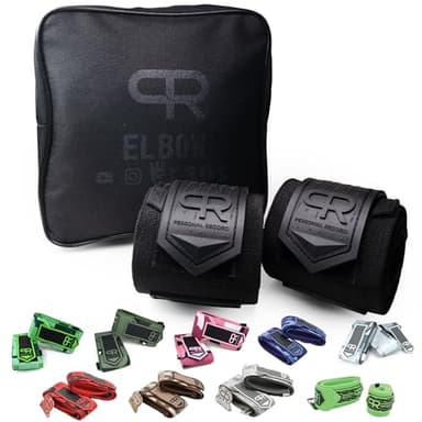 PR Personal Record Elbow Wraps for Weightlifting - Heavy Duty Construction, 25% More Elasticity, Reinforced Stitching, Extra Wide Fastener, Easy to Adjust, All Black