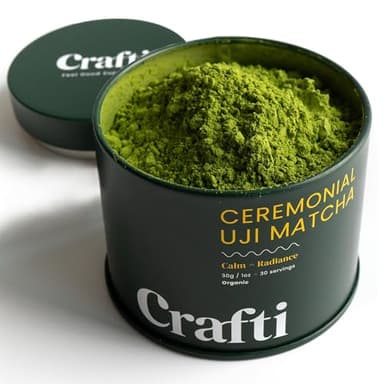 Crafti Ceremonial Grade Matcha Powder (Organic) - Unsweetened Authentic Japanese Daily Matcha Green Tea Powder from Uji, Kyoto for Barista-Grade Lattes (30g / 1.06oz)