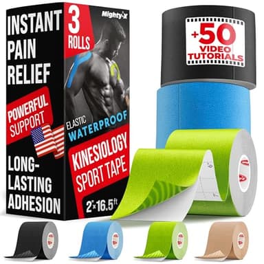 Waterproof Kinesiology Tape - 3 Rolls - Knee Support & Muscle Pain Relief - 16.4 ft Uncut Sports Kinetic Tape for Joint Stability - 50 Instructional Videos