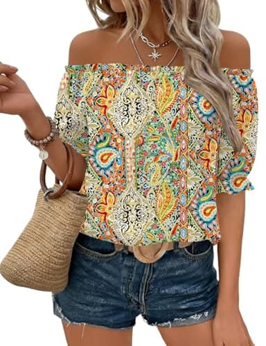Kistore Blouses for Women Dressy Casual Short Sleeve Crew Neck Off Shoulder Tops for Women Fashion Outfits 2026 Boho Printed L