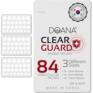 DOANA Korean Pimple Patches - 84 Count / Made in KOREA - Absorbing Hydrocolloid 3 Size Acne Patches for Blemishes. Zits Cover, Spot Stickers for Face and Body, Day and Night, Round Shape