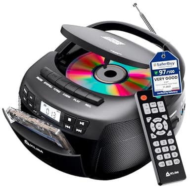 KLIM CD + Cassette Tape Player, Bluetooth CD Boombox, AM/FM Radio, Stereo Sound, Remote, CD and Cassette Player Combo, Tape Recording, USB Drive, AUX