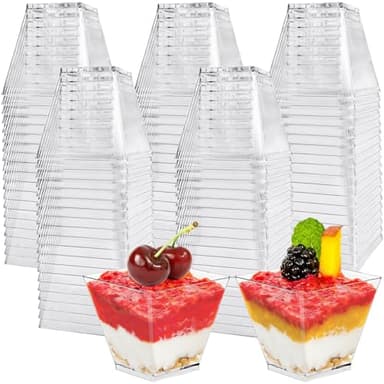 Jizvxe 100 Pack 3.5 Oz Square Dessert Cups,Small Clear Square Plastic Tasting Cups,Disposable Square Clear Plastic Dessert Cups for Ice Cream,Candy,Salad,Jello,Appetizers,Mousse