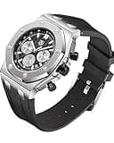 Men's Watch Silicone Band, Quartz Analog Waterproof Multifunction Chronograph Sports Watch for Men with Calendar Black Rubber Strap