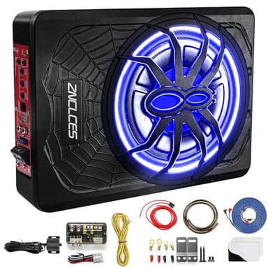 Znclces 2025 Upgraded 10" 1200W Slim Under Seat Powered Car Subwoofer, Car/Truck Sub Built in Amplifier for Outstanding Heat Dissipation, Powerful bass and Blue LED (Blue Light)