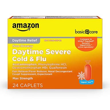Amazon Basic Care Daytime Severe Cold & Flu Relief Caplets, Multi-Symptom Relief for Headache, Fever, Sore Throat, Chest & Nasal Congestion, Vapor Ice, 24 Count