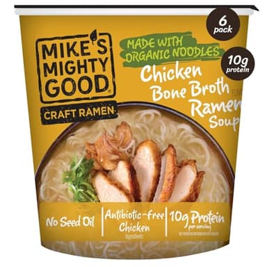 Mike’s Mighty Good Bone Broth Chicken Ramen Cup (Pack of 6) – 10g Protein Instant Ramen Noodles – Steamed Organic Noodles, Non-GMO, Seed & Palm Oil-Free – Antibiotic-Free Chicken, Rich Broth