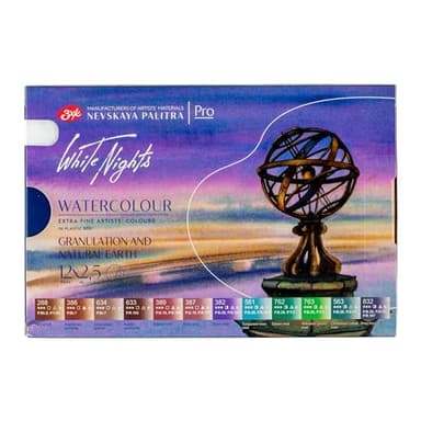 White Nights Professional Watercolor Set 12 Full Pans of Granulating and Natural Earth Colors, Extra Fine Artist Grade Pigments, Vibrant Lightfast Colors in Portable Durable Plastic Box by Nevskaya Palitra