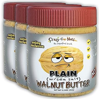 Crazy Go Nuts Walnut Butter Plain with Sea Salt - Walnut Spread, Keto, Vegan, Low Carb, Gluten Free, Superfood-Natural, Non-GMO, ALA, Omega 3 Fatty Acids, Good Fats and Antioxidants - 9.25 Oz, 3-Pack
