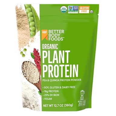 BetterBody Foods Organic Plant Based Protein Powder, 16g of Protein 24% DV, Vegan, Low Net Carbs, Gluten Free, Dairy Free, No Sugar Added, Soy Free, Non-GMO, 12.7 Ounces
