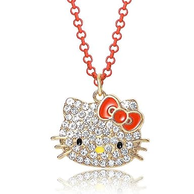 Hello Kitty Sanrio Pave Crystal Pendant Necklace for Women Official License, 16"+3" Sparkly Necklace with Neon Red Chain