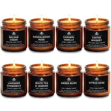 8 Pack Soy Wax Scented Candle Set - Lavender Chamomile, Citrus Sage, Amber Musk, Balsam Cedar, Coffee Whiskey - Long Lasting Aromatherapy Candles, Unisex Home & Gift Set