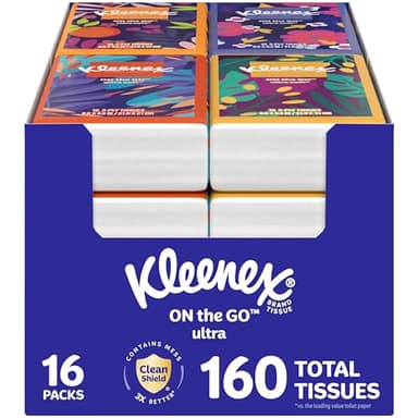 Kleenex On-The-Go Facial Tissues, 16 On-The-Go Packs, 10 per Box, 3-Ply (160 Total), Packaging May Vary