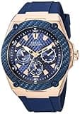 GUESS Comfortable Iconic Blue Stain Resistant Watch with Rose Gold-Tone Day, Date + 24 Hour Military/Int'l Time. Color: Blue (Model: U1049G2)
