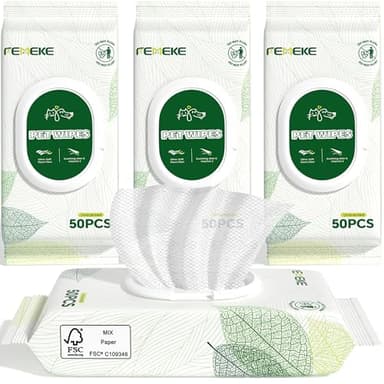 FEMEKE Unscented Dog Wipes & Cat Wipes (4x50 Packs) | Hypoallergenic, pH Balanced for Paws, Body, Eyes & Ears Grooming |All-Natural Plant Fiber Wipes with Aloe & Vitamin E | Pearl Texture