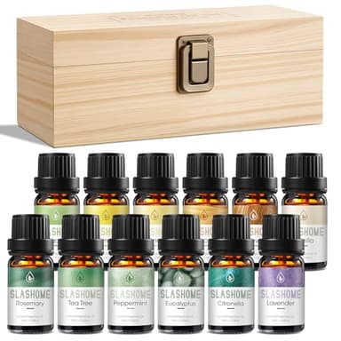 Essential Oils for Diffusers for Home –12 x 10ml Water Soluble Aromatherapy Oils with Wood Box, Natural Scented Oils for Home, Spa, Car & Gifts - Lavender, Peppermint, Sweet Orange, Tea Tree & More