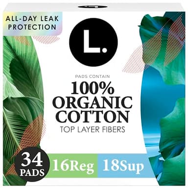 L. Ultra Thin Pads for Women, Organic Cotton Top Layer, Regular + Super Duo Pack Absorbency, Menstrual Pads with Wings, Made Without Synthetic Pesticides and Fragrances, 34 Count