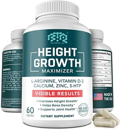 BIOTEQUELAB Height Growth Maximizer, Calcium, Vitamin D3 and Zinc Blend Pills, Bone Growth Supplement for Kids and Teens, Bone Strength, Density Support, GMO-Free, Gluten-Free, Made in USA, 60 Caps