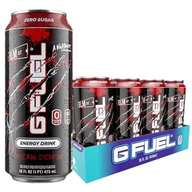 G Fuel Energy Drink, Fruit Punch, Sugar Free Beverage with 140mg Caffeine, Daily Energy Boost with Focus Amino, Vitamin + Antioxidants, 16 oz Cans (Nightmare on Elm Street, 12-Pack)