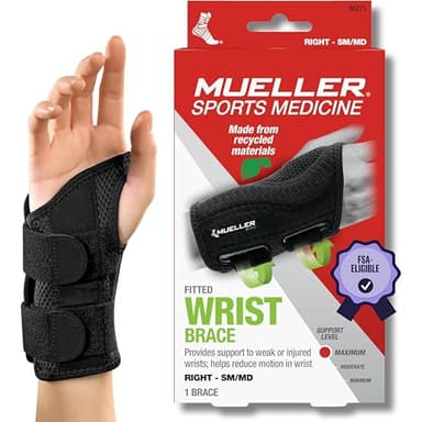 MUELLER Sports Medicine Green Fitted Wrist Brace for Men and Women, Wrist Pain Relief Support, Ideal for Carpal Tunnel, Tendonitis, Arthritis, Right Hand, Black, Small/Medium