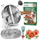Stainless Steel Food Mill With 3 Milling Discs,Ergonomic design Rotary hand crank,Wood Grain Handle Food Mills For Tomato Sauce,Potatoes,Jams,canning,Dishwasher Safe,With Multifunctional Spoon,Blue MW