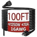 Skrizcable 16/3 100 Ft Outdoor Extension Cord Waterproof, Weatherproof & Flame Retardant Black 3 Prong Power Cord Outside for Lawn & Garden, 10 Amps 1250 Watts 125 VAC 16AWG SJTW, ETL Listed