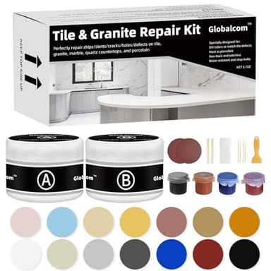 Globalcom Tile and Granite/Marble Repair Kit, Porcelain Stone and Quartz Countertops Repair Kit for Chips Dents Cracks Holes Scratch, Fix Chipped Edges Corners, Reattaches Missing Pieces