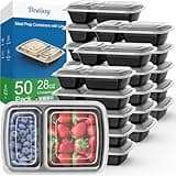 50 Pack (100-Piece) 28 oz Meal Prep Containers Reusable with Lids 2-Compartment, Sturdy Leakproof Food Safe, Microwave Freezer Dishwasher Safe, To Go Take Out Plastic Food Storage, Black