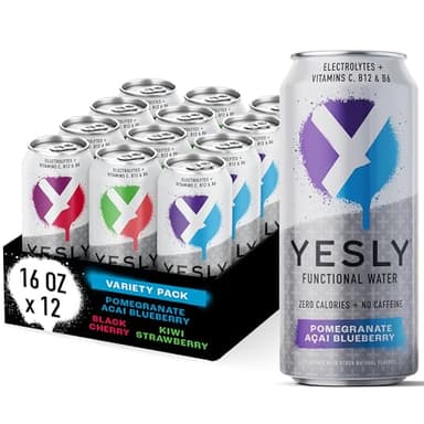 Yesly Functional Water, Variety Pack, Naturally Flavored Still Water with Electrolytes, Magnesium, Potassium, Vitamin C, B6 & B12, Zero Sugar, No Artificial Sweeteners, 16 Fl Oz Cans, 12 Pack