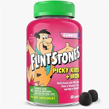 Flintstones Vitamins for Picky Kids + Iron, Kids Multivitamin Gummies with Vitamin C, D, E, B6 and Iron, Gummy Vitamins, Grape Flavored, 60 Gummies