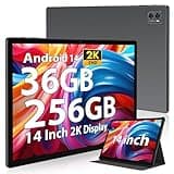 POWMUS 2025 Tablet 14 inch Android 14 Tablets, 2K Display, 256GB Storage(Expand to 1TB),36GB(12+24) RAM, 11580 mAh Battery 18W PD Fast Charger, 8 Core CPU,4 Speakers, 5G WiFi Tablet with Case-Gray