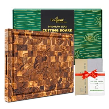 BEEFURNI Teak Wood End Grain Cutting Board (M, 18x14x1.5"), Wooden Cutting Boards for Kitchen with Juice Groove Hand Grip, Durable Serving Board, Charcuterie Boards, Christmas Gifts, 1 Year Warranty