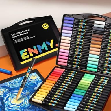 ENMY 60 Colors Acrylic Paint Markers, Direct Liquid Acrylic Paint Marker Pen, Fabric Markers for Textile, Canvas, Rock, Glass, Wood, Paper, DIY, Acrylic Coloring Pens for DIY Craft Supplies