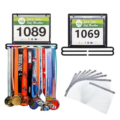 MEIHAOME Race Bib and Medal Display Hanger - Holds 40+ Medals & 20 Race Bibs with Flip Vinyl Sleeves, Running Bib Holder, Send to Great Gift for Marathoner, Swimmer athletes and Disabled athletes