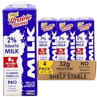 Prairie Farms Milk 2% Percent, Shelf Stable, Reduced Fat, Boxed & Ulta Pasteurized (UHT), Vitamin D White Milk - Preservative and Hormone Free, Gluten Free, Kosher, Made in USA - 1 Quart (4 Pack)