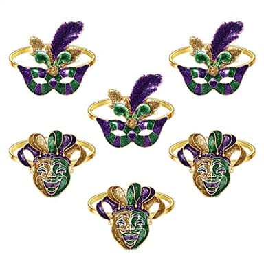 Vogueknock Mardi Gras Napkin Rings Glitter Fleur De Lis Mask Napkin Holder Ring Dinner Table Accessories Napkins Decorations for Holiday Party Set of 6 (Glitter Mask Crown Queen)