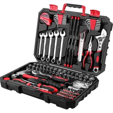 DEKOPRO Tool Set:158 Piece Home Tool Kit, Household Basic Repair Tool Set Comes with Plastic Storage Case-Red