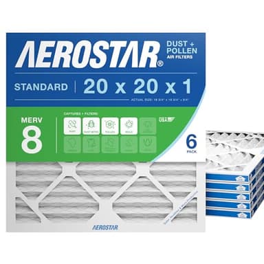 Aerostar 20x20x1 MERV 8 Air Filter, 6 Count, ACTUAL SIZE (19.75 x 19.75 x 0.75), HVAC, Air Conditioning & Furnace Filter Captures Dust, Lint & Pollen (MPR 600 / FPR 5), Made in USA