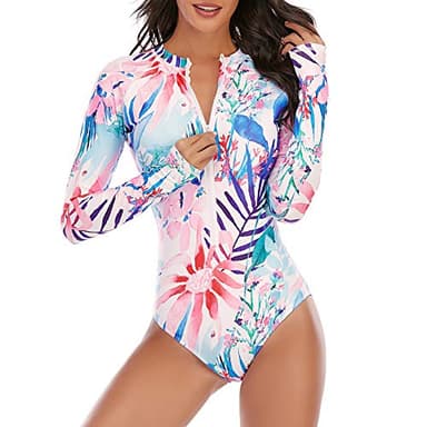 Zando Long Sleeve Swimsuits Rash Guard for Women - UPF 50+ One Piece Bathing Suit for Women with Built-in Padded Bra, Modest Full Coverage Swimsuit for Beach Surfing Wear, Watercolor Flower Size 6-8