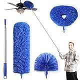 Microfiber Duster for High Ceiling Fan Blades, Cobweb with Extension Pole Adjusts 15-82 Inch, Reusable Cleaning Duster Kit with 3 Duster Heads for Wall Blinds Door Furniture Bookshelves (Blue)
