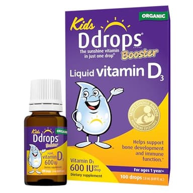 Ddrops Kids Booster 600IU 100 Drops - Daily Liquid Vitamin D for Kids. Support Strong Bones & Immune System in Children. No Preservatives, No Sugar, Non-GMO, Allergy-Friendly