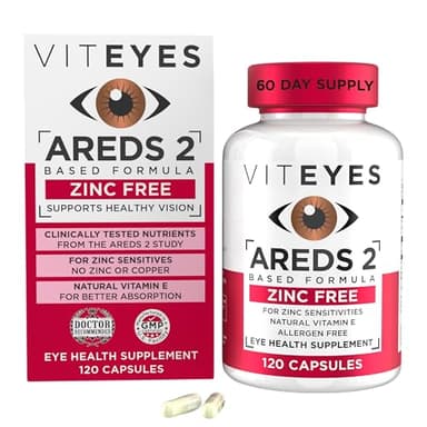 Viteyes AREDS 2 Zinc Free Macular Support, Natural Allergen Free Capsules with Vitamin E, Vitamin C, Lutein & Zeaxanthin, No Zinc, No Copper, Eye Doctor Trusted, Manufactured in The USA, 120 Ct