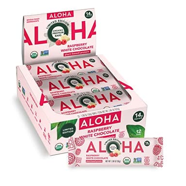 ALOHA Organic Plant Based Protein Bars | Raspberry White Chocolate | 12 Count, 1.98oz Bars | Vegan, Low Sugar, Gluten Free, Paleo, Low Carb, Non-GMO, Stevia Free, Soy Free, No Sugar Alcohol Sweeteners: LIMITED EDITION